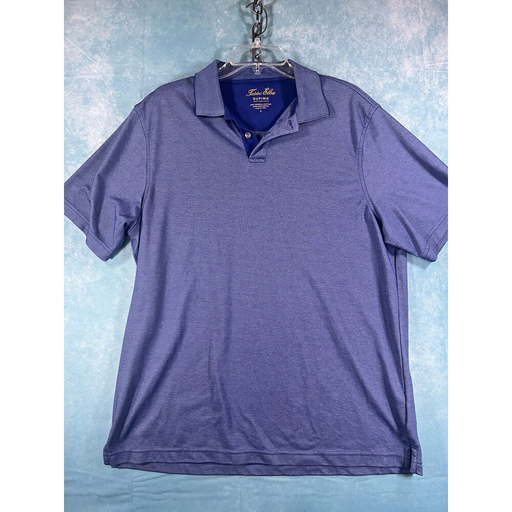 Tasso Elba Men’s L Blue Solid Supima Golf Preformance Knit Button Polo Shirt